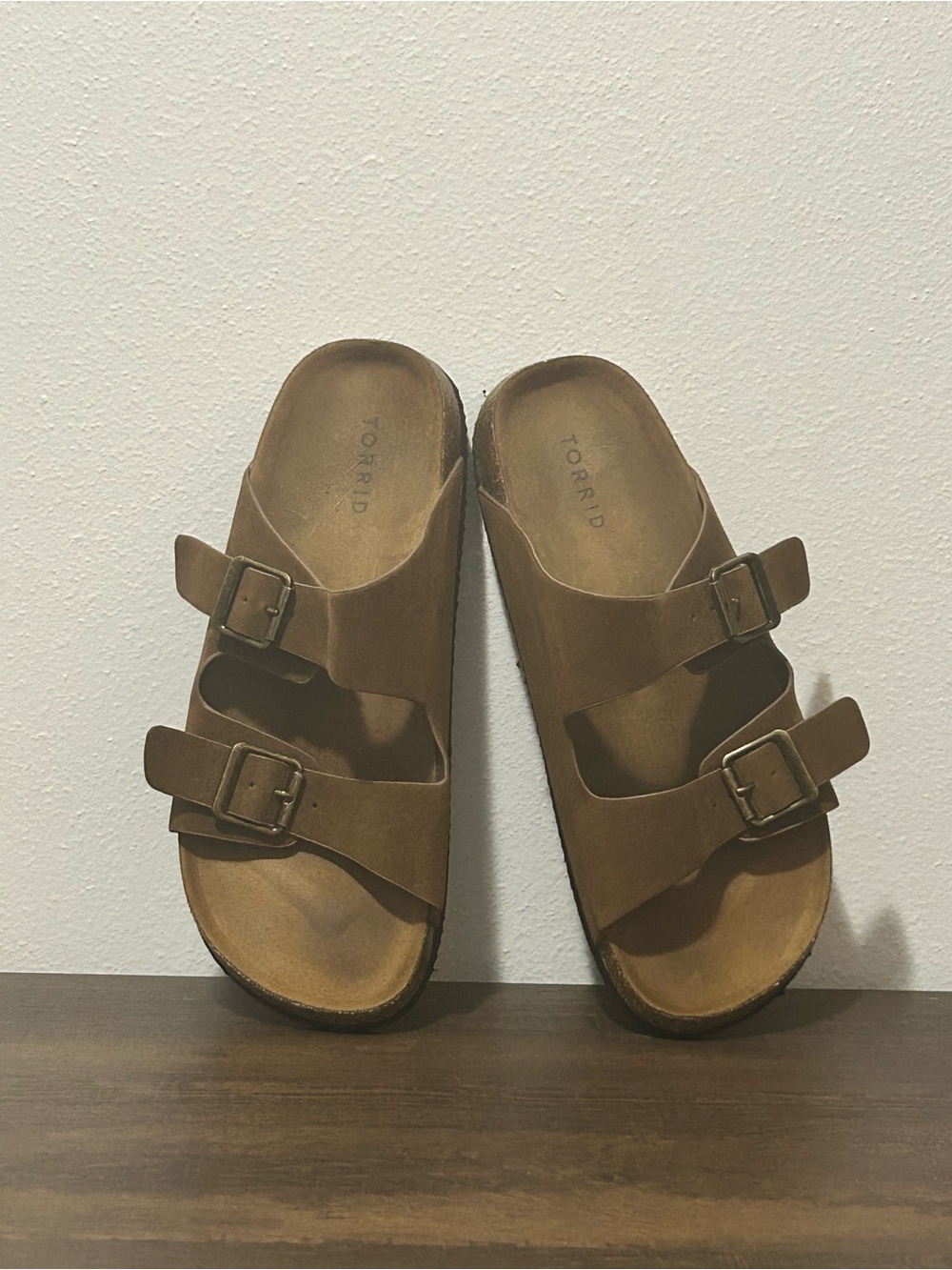 EUC Torrid Brown Faux Suede Double Buckle Cork Slide Sandals Est 9WW Size 9